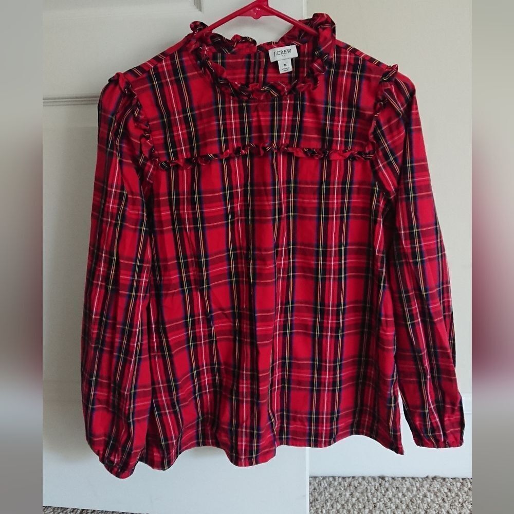 J. Crew Tartan cotton poplin top with ruffles size Small